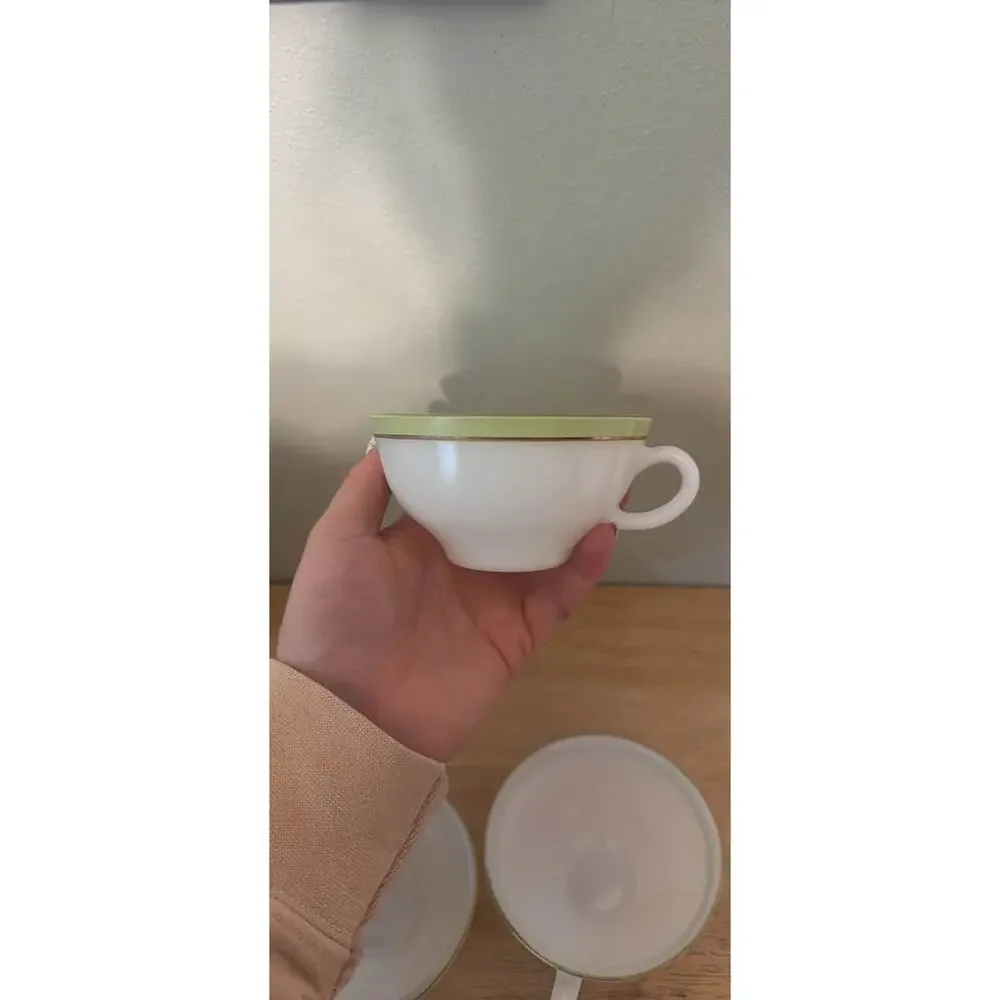 Pyrex Vintage Milk Glass Cups Green Gold Trim Set of 3